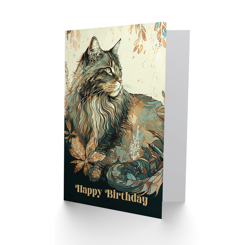 Artery8 Happy Birthday Maine Coon Cat with Leaf Pattern Birthday