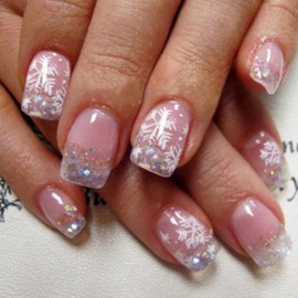 24Pcs Christmas Press on Nails Short Square Snowflake Fake Nails Transparent Pink Acrylic Nails with Glitter Glue on Nails Full Cover Winter False Nails Artificial Nails for Women Holiday Nail Art