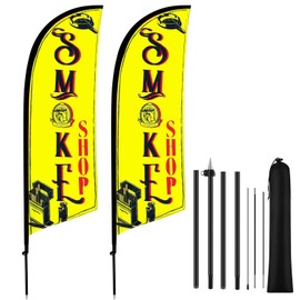 HunnmingRe 2 Set Smoke Shop Feather Flag Kit, 8ft Advertising Swooper Flag Banner with Pole and Ground Stake for Business Restaurant Advertising Banner for Outside Ground