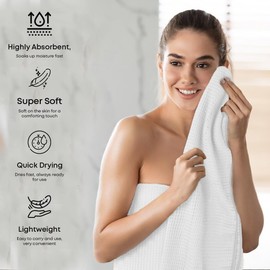 LINENWALAS Bamboo Cotton Waffle Bath Towel 76x152 cm, Soft, Highly Absorbent, Quick Dry and Lint Free Hypoallegenic Bath Towel For Bathroom Set of 2 (White, Waffle Weave)