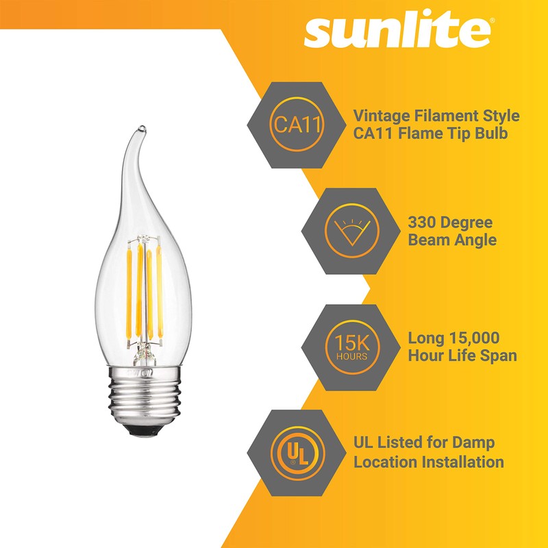Sunlite LED Filament CA11 Flame Tip Chandelier Light Bulb, 4