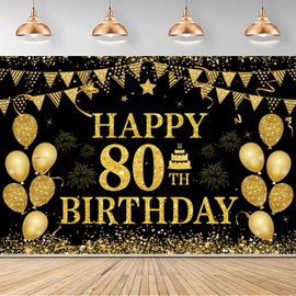80th Birthday Decorations for Men Women - Happy 80th Birthday Banners Decorations Black Gold 80 Years Birthday Party Favor Backdrop for 80th Birthday Party Sign Decor (71 x 45 inch)