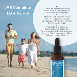 JAB biopharma Complete D3 + K2 + A - 50 ml Hochwertiges Vitamin D3 Öl mit Vitamin A und K2 sowie Sanddornfruchtfleischöl und Palmitoleinsäure - 100% vegan