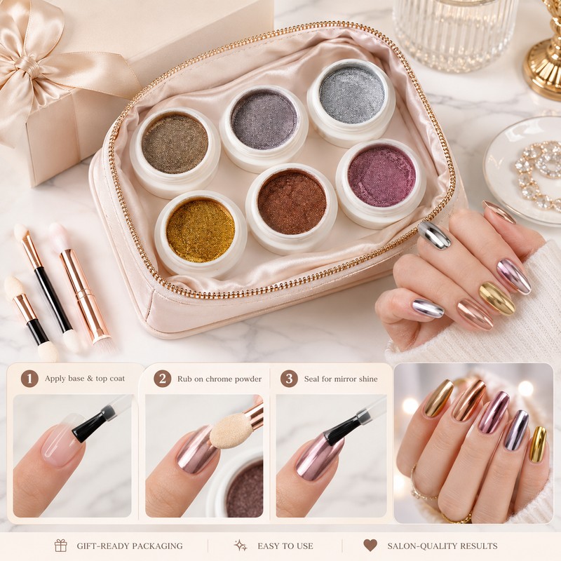 6-Piece Chrome Nail Powder Set for Manicure Art – Metallic