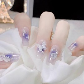 Butterfly Press on Nails Medium Coffin Fake Nails with Charm Flower Butterflies Pearl False Nails Glue on Nails Blue Acrylic Nails for Women Girls Glossy White Floral Artificial Nails 24pc