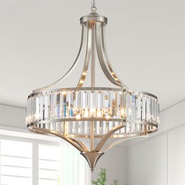 XINGQI Brushed Nickel Chandeliers for Dining Room, Rustic Farmhouse Chandelier with Round Metal Shade, Modern 6-Light Light Fixture for Dining Room Living Room Kitchen Bedroom