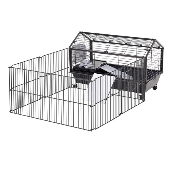 PawHut Small Animal Cage with Foldable Run Area, Rolling Bunny Cage, Guinea Pig Cage, Hedgehog Cage with Water Bottle, Water Bowl, and Ramps, 35" L