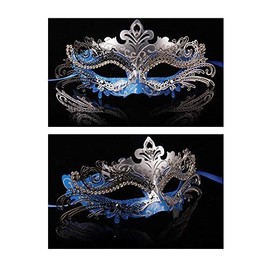 Vanki 1 PCS Masquerade Mask Laser Cut Metal Shiny Rhinestone Party Mask,Blue&Silver