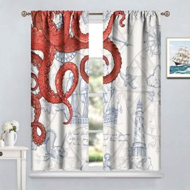 SHElifestyle Red Nautical Octopus Curtains, Ocean Kraken Anchor Lighthouse Beach Window Treatments Vintage Coastal Map Pirate Ship Window Drapes for Bedroom Living Room Kitchen 42x45in
