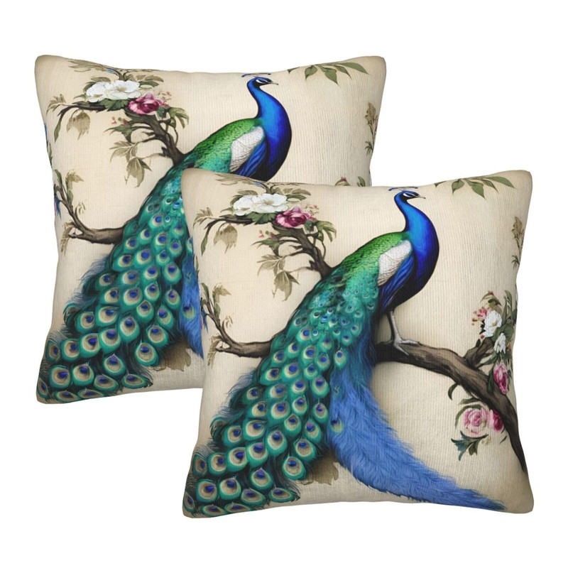 Retro Peacock Throw Pillow Cover 20x20 Inch Decorative Pillow Cases