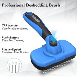 Dipoo Self-Cleaning Brush for Pet Deshedding - Skin-Friendly Grooming Tool for Dogs and Cats, Blue