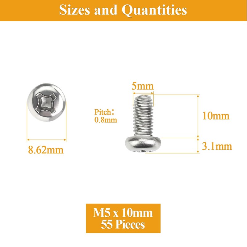 55 Pieces M5 x 10mm Machine Screws, Thread Pitch 0.8mm,