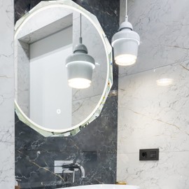 SNUGACE Round LED Bathroom Mirror, Beveled Edge Frameless Wall Mount Bathroom Vanity Mirror with 3-Color and Anti-Fog, 30 Inch, Silver