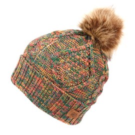 ANGELA & WILLIAM Women's Knit Beanie with Faux Fur Pom Pom and Fleece Lining (Multi RINBOW)