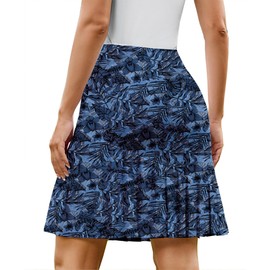PINSPARK Tennis Skirts Womens Skorts with Pockets High Waisted Long Skorts Rip Skirt Hawaii, Navy Leaf XL