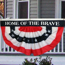 American Flag Patriotic Bunting Outdoor - 4th of July Bunting Flag for Outside, Yard, Porch, 3' x 6', 36x72, Home Of The Brave, Half Circle Pleated Fan, Red, White, Blue
