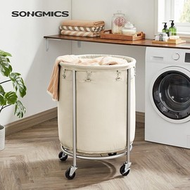 SONGMICS HOME Laundry Basket with Wheels, Rolling Laundry Hamper, Round Laundry Cart with Steel Frame and Removable Bag, Organiser:_Cream_29 Gal (110L)
