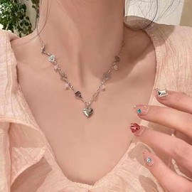 Xduargs Boho Heart Pendant Necklace Silver Hollow Heart Bead Necklace Vintage Love Heart Choker Necklace Adjustable Puffy Heart Chain Necklace Jewelry for Women