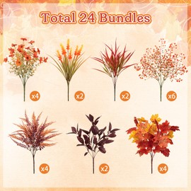 Ouddy Decor 24 Bundles Artificial Fall Flowers for Decorations, Fake Flowers Fall Decorations Outdoor UV Resistant Plastic Flowers for Indoor Outside Autumn Thanksgiving Garden Yard Window Home Decor