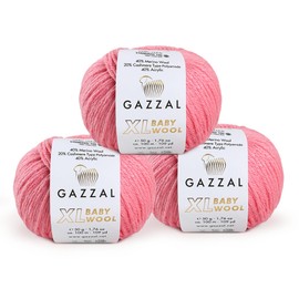 3 Pack (Ball) Gazzal Baby Wool XL Total 5.28 Oz / 328 Yrds, Each Ball 1.76 Oz (50g) / 109 Yrds (100m) Super Soft, Medium-Worsted Yarn, 40% Lana Merino 20% Cashmere Type Polyamide, Pink - 828