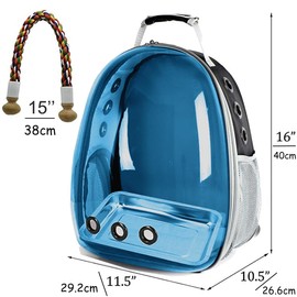 Bird Traval Carrier Cage, Polarized Tinted Blue Space Capsule Astronaut Backpack to Carry Parakeet Cockatiel Parrot with Metal Tray Wood Perch, Vet Transport Bag