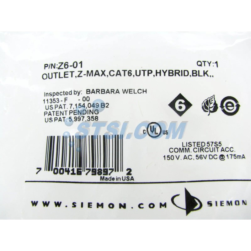 Siemon Z6-01 Z-Max Cat6 UTP Outlet/Jack, Black ~STSI