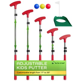 Go for It Golf Kids Putter - Extendable Shaft for Junior Golfers - Adjustable Size for Right and Left Hand - Perfect Training Club for Kids - includes 3 Balls, Cup with Flag - Red, 17"- 35"