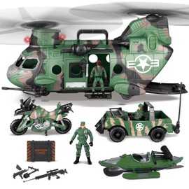 JOYIN 10-in-1 Military Helicopter Toys Set with Light, Sound, Trucks, Boat, Bike, Army Men, Weapons - Christmas Birthday Party Gifts for Kids