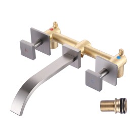 Wall-Mounted Bathroom Sink Faucet Brushed Nickel Waterfall Bathroom Faucet Solid Brass Wall-Mounted Washroom FaucetColor: Gold, Surface Finishing: Brushed Gold