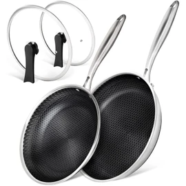 MICHELANGELO Stainless Steel Frying Pan Set with Lids, 9.5 & 11 Inch Frying Pans Nonstick, Stainless Steel Fry Pan Set, Honeycomb Pans for Cooking, Skillet with Lid - Induction Compatible