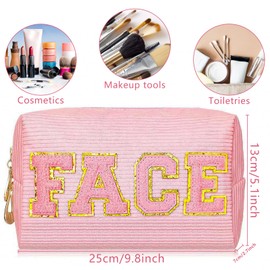 Cosmetic Bags for Women, Corduroy Makeup Bag, Chenille Letter Organizer Skin Care Bag, Portable Makeup Pouch with Metal Zipper for Travel Toiletry Girls Gift (FACE-Pink)