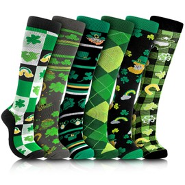 Geyoga 6 Pairs St. Patrick's Day Compression Socks for Women Men Green Knee High Socks Bulk Novelty Holiday Socks Irish Shamrock Clover Socks for Running Work Baseball Softball Football Teens Adults