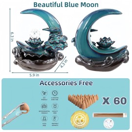XINGZUAN Moon Backflow Incense Burner,Ceramic Incense Cone Holder, Incense Waterfall Fountain,Backflow Incense Holder with 60 Backflow Incense Cones and 40 Incense Sticks