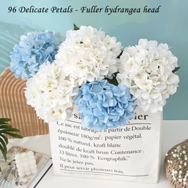 BLEUM CADE 8 Pcs Hydrangea Artificial Flowers with Realistic Stems, 18In Large Fake Flowers, Faux Flower for Home Party Decor Outdoor Wedding Bouquets Table Centerpieces Decoration,White Blue