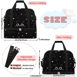 Weekender Bag for Women Man, Cute Cat Heart Animal Foldie Travel Duffel Bag with Shoe Compartment, Carry on Overnight Bag Sports Gym Bag for Airplanes Yoga Dance Beach Swim Hospital,A-05