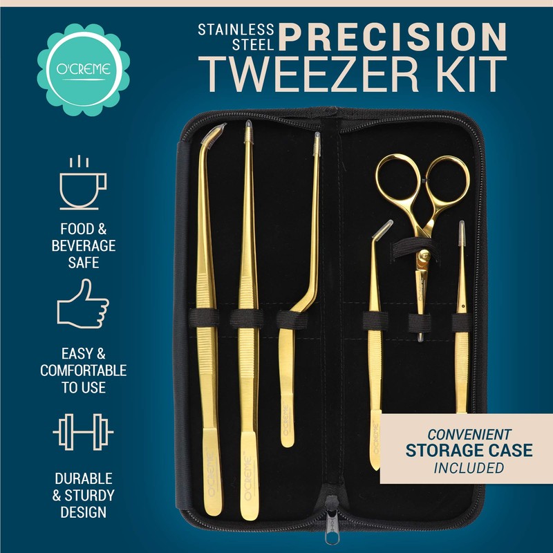 O'Creme Set of Culinary Tweezer Tongs Offset, Straight and Curved,