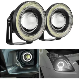 2 luces antiniebla de ojo de ángel para coche, luz LED COB redonda de alta potencia, brillante, con aros blancos de ojo de ángel, faro, luz diurna