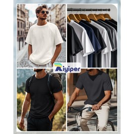Riyiper 3 Pack Men's Waffle Knitted Short Sleeve Crewneck T-Shirts Solid Raglan Sleeve Casual Pullover Tees(Beige, Gray, Black,Medium)