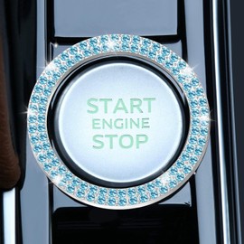 LivTee Car Engine Start Stop Decoration Ring, Crystal Double Rhinestone, Bling Car Interior Accessories for Women, Key Ignition & Knob Bling Ring, Push to Start Button Cover/Sticker, Cyan
