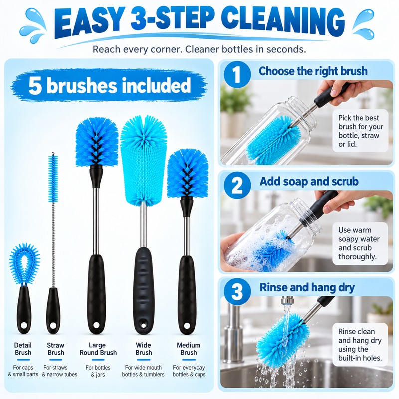 Bottle Cleaning Brush Set for Water Bottles – Stainless Steel