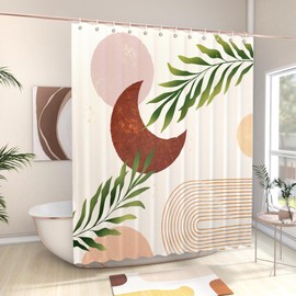 EOSAHR Boho Shower Curtains for Bathroom Decor - Farmhouse Bath Curtain Set for Mid Century Modern Home Decor Accessories - Waterproof Abstract Shower Curtain (Moon & Plant)