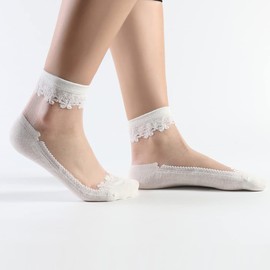 Floosum Transparent Ultra Thin Lace Fishnet Socks Elastic Short Mesh Sheer Socks for Women, Lace