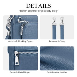befen Anti Theft Crossbody Bag Women Genuine Leather Crossbody Phone Bag Grey Blue Small Handbags Women with RFID Blocking Function