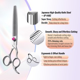 FOGOSP 7.5'' Professional Thinning Shears for Dogs Pet Grooming Scissors Long Chunkers Dog Grooming Scissors Japan 440C 70% Thinning Rate 24 Teeth(7.5'',Chunker)