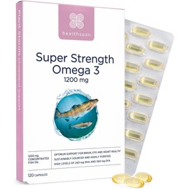 Healthspan Super Strength Omega 3 1,200mg | Brain, Heart & Eye Health | 240mg DHA & 360mg EPA per Capsule| Highly Purified to Remove Toxins | Sustainably Sourced Fish Oil (120 Capsules)