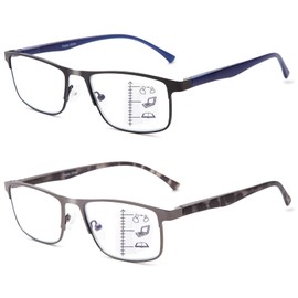 2 Pack Progressive Multifocus Reading Glasses Men - Metal Frame Blue Light Blocking Anti Eye Strain Computer Readers No-Line Bifocal Readers Eyeglasses,1.5x