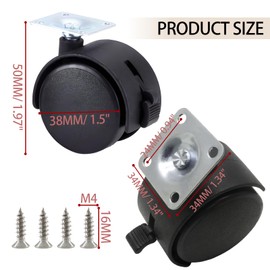 Zorfeter 1.5 Inch Swivel Furniture Caster Wheels with Brakes, Black Nylon Plate Mounted Set of 4, Heavy Duty 88lbs - 132lbs Load Capacity