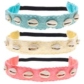 FROG SAC 3 Cowrie Shell Headbands for Girls, Seashell Headband with Puka Shells, No Slip Lace Girl Headwraps, Cute Elastic Nonslip Lace Hair Accessories for Kids