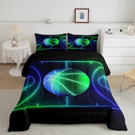 Basketball Comforter Set Twin,Sports Games Bedding Set 2Pcs for Kids Teens Boys Room Decor,Green Blue Neon Geometric Lines Basketball Court Pattern Duvet Insert with 1 Pillowcase, Black