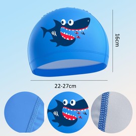 Kids Swimming Cap Elastic Cartoon Shark Swim Hat for Children Girls and Boys Swimming Cap for Age 4-10 Breathable Comfortable Stretch Polyester Fabric (Blue, Shark)